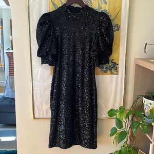 NWT Joie black sequin dress with puff sleeves size xs